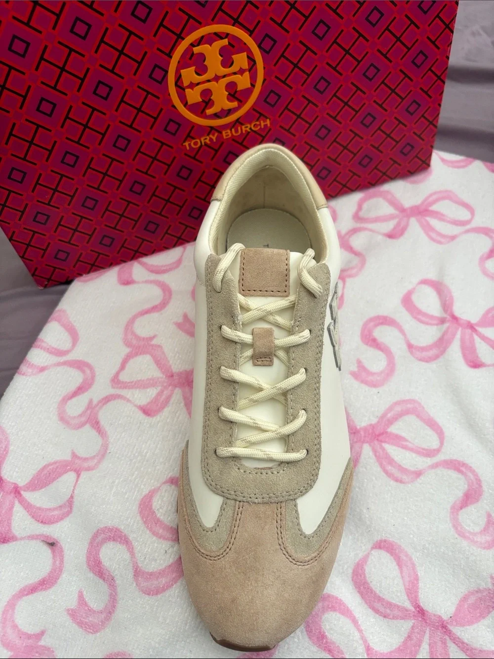 Tory Burch Cream and Blush Leather & Suede Runner Sneaker